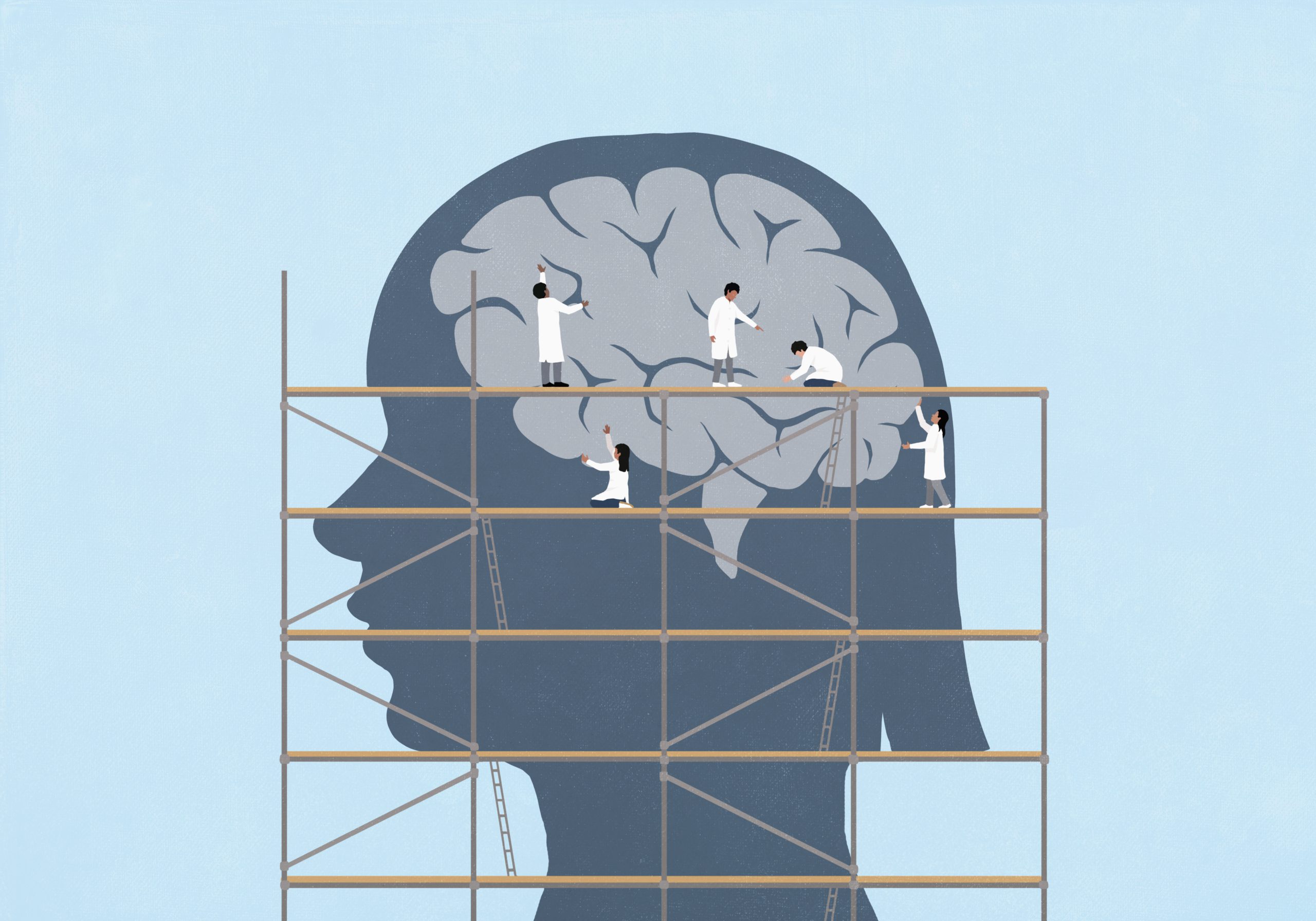 Cartoon of a brain with scientist working on it.